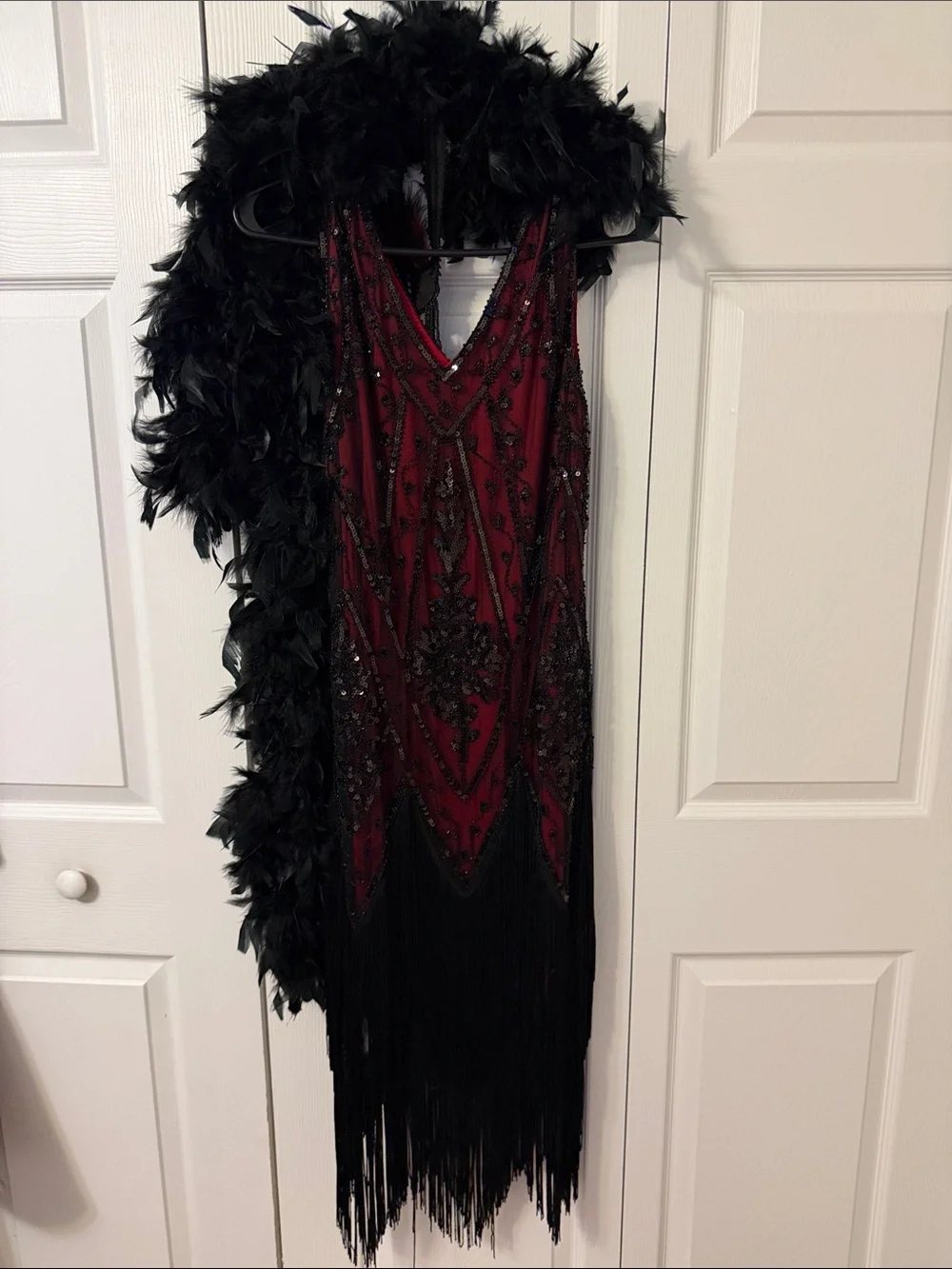 Beaded Burgundy Fringe Flapper Dress with Feather Detail - Picture 2 of 4
